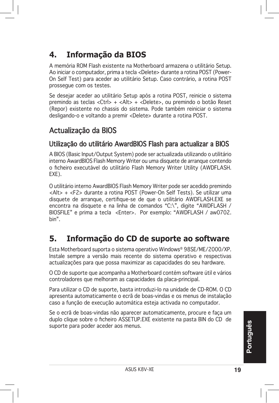 Informação da bios, Informação do cd de suporte ao software, Actualização da bios | Português | Asus K8V-XE User Manual | Page 19 / 20