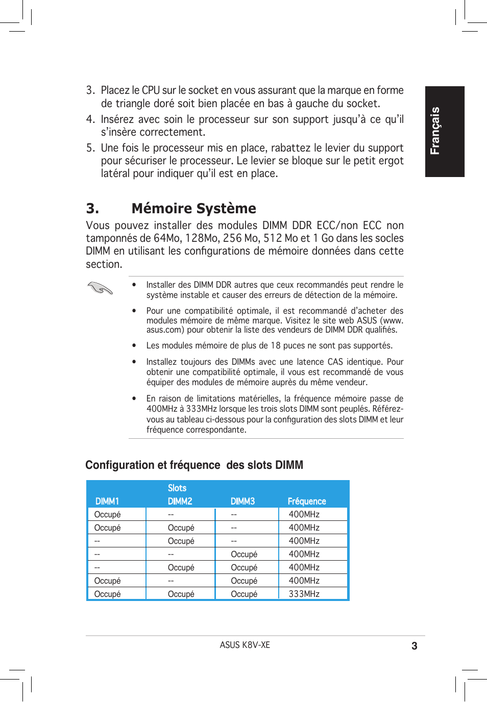 Mémoire système, Français, Configuration et fréquence des slots dimm | Asus K8V-XE User Manual | Page 3 / 20