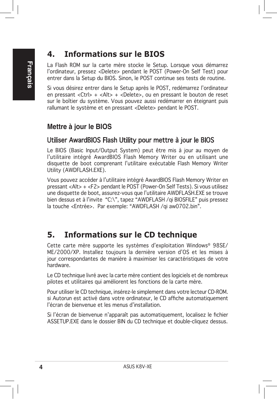 Informations sur le bios, Informations sur le cd technique, Mettre à jour le bios | Français | Asus K8V-XE User Manual | Page 4 / 20