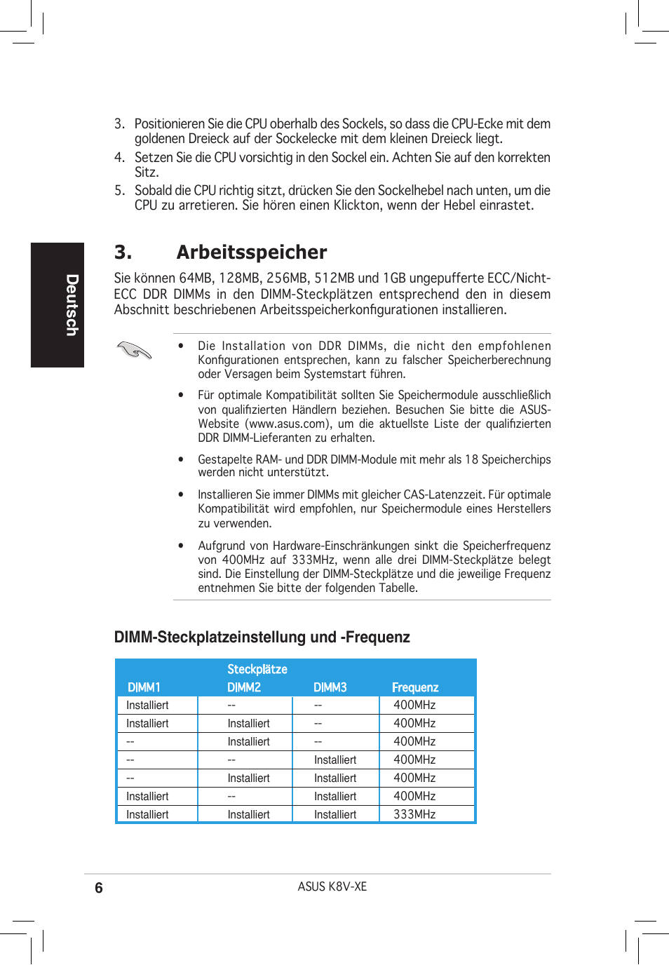 Arbeitsspeicher, Deutsch, Dimm-steckplatzeinstellung und -frequenz | Asus K8V-XE User Manual | Page 6 / 20