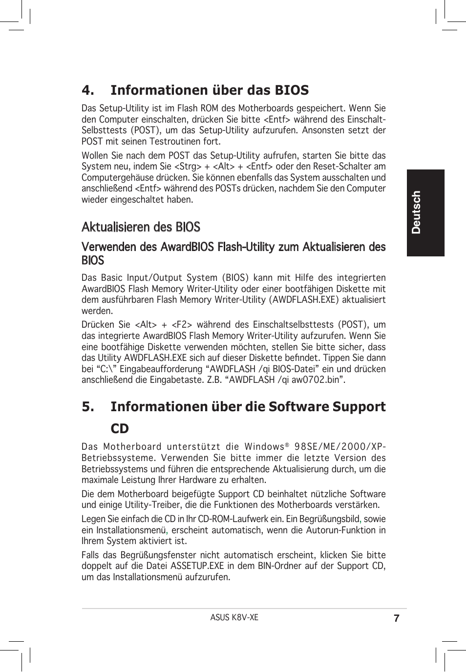Informationen über das bios, Informationen über die software support cd, Aktualisieren des bios | Deutsch | Asus K8V-XE User Manual | Page 7 / 20