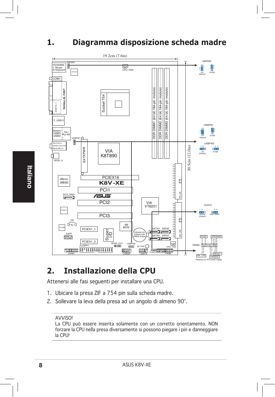 Italiano, Kv -xe, Asus k8v-xe | Pci2 pci3, Via k8t890, Pciex16, Su pe r i/o | Asus K8V-XE User Manual | Page 8 / 20