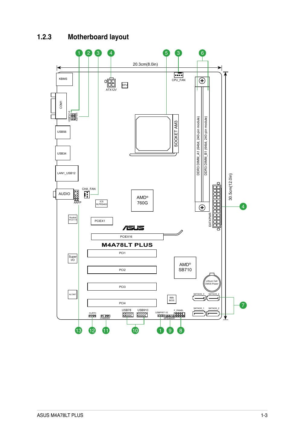 3 motherboard layout, Motherboard layout -3, M4a78lt plus | Asus M4A78LT PLUS User Manual | Page 13 / 56