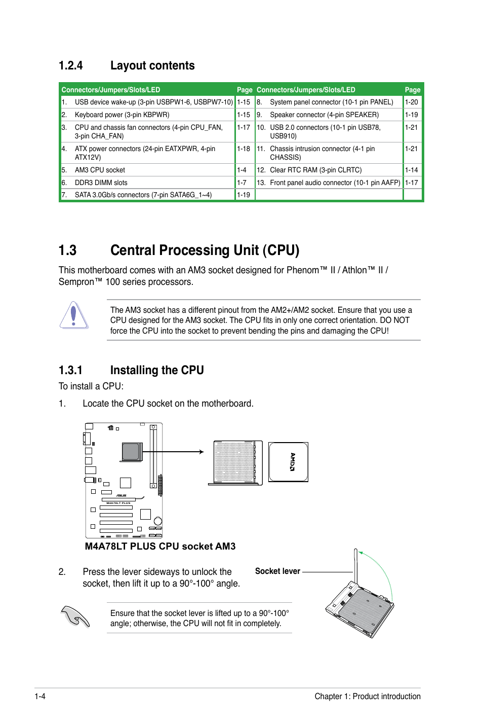 4 layout contents, 3 central processing unit (cpu), 1 installing the cpu | Layout contents -4, Central processing unit (cpu) -4 1.3.1, Installing the cpu -4 | Asus M4A78LT PLUS User Manual | Page 14 / 56