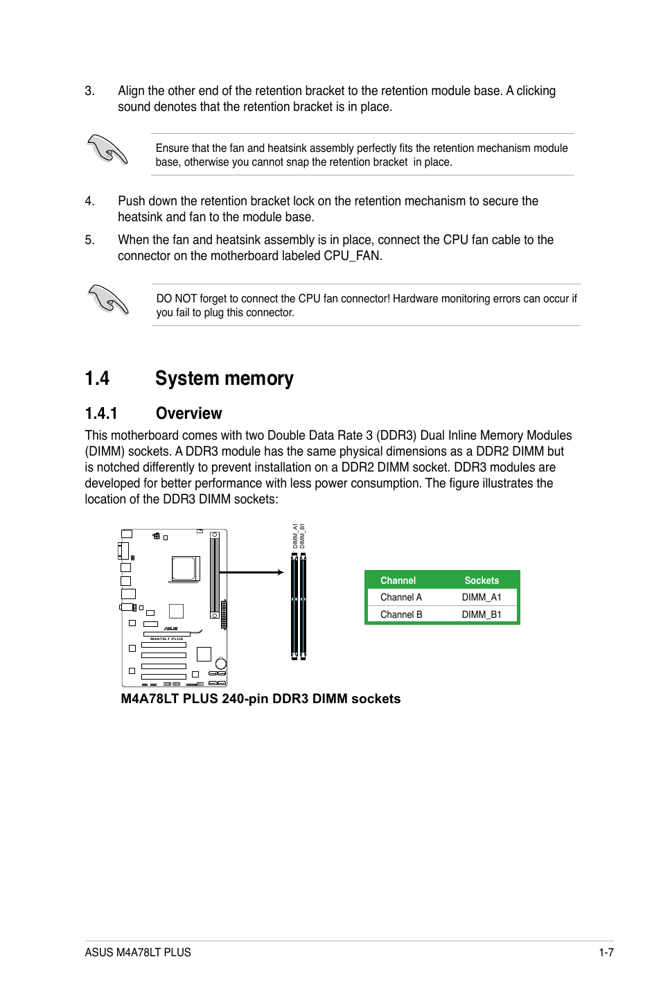 4 system memory, 1 overview, System memory -7 1.4.1 | Overview -7 | Asus M4A78LT PLUS User Manual | Page 17 / 56