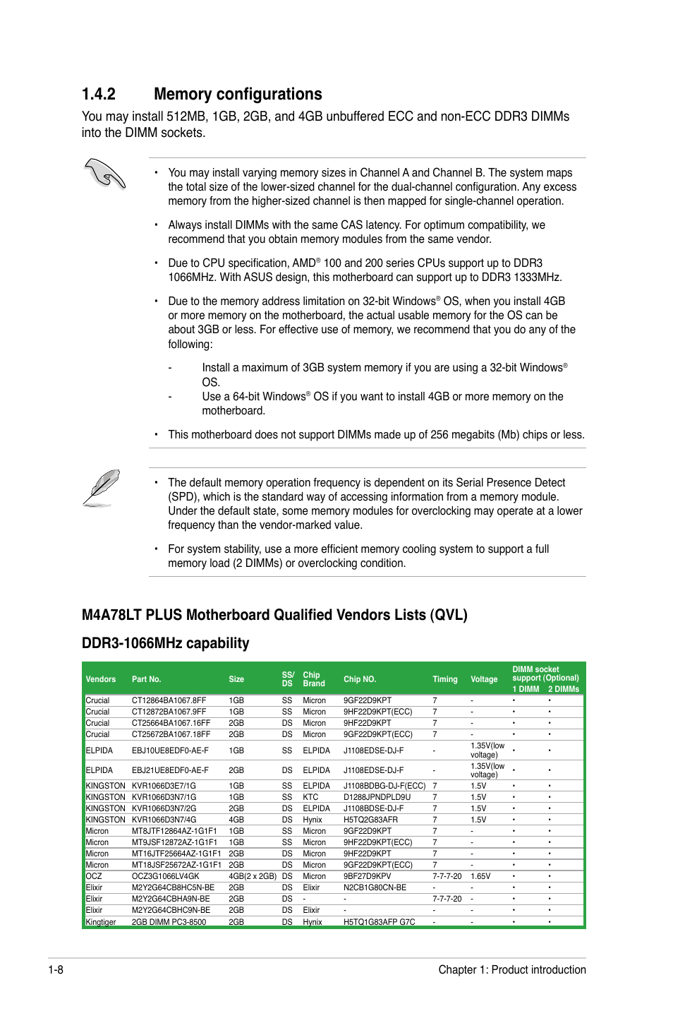 2 memory configurations, Memory configurations -8 | Asus M4A78LT PLUS User Manual | Page 18 / 56