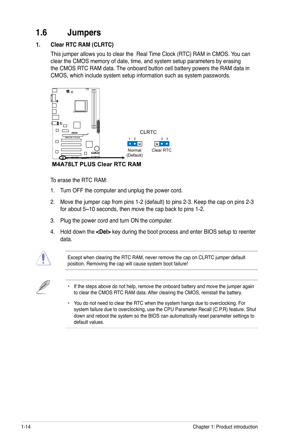 6 jumpers, Jumpers -14 | Asus M4A78LT PLUS User Manual | Page 24 / 56