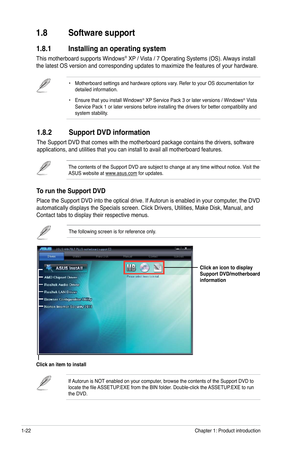 8 software support, 1 installing an operating system, 2 support dvd information | Software support -22 1.8.1, Installing an operating system -22, Support dvd information -22 | Asus M4A78LT PLUS User Manual | Page 32 / 56