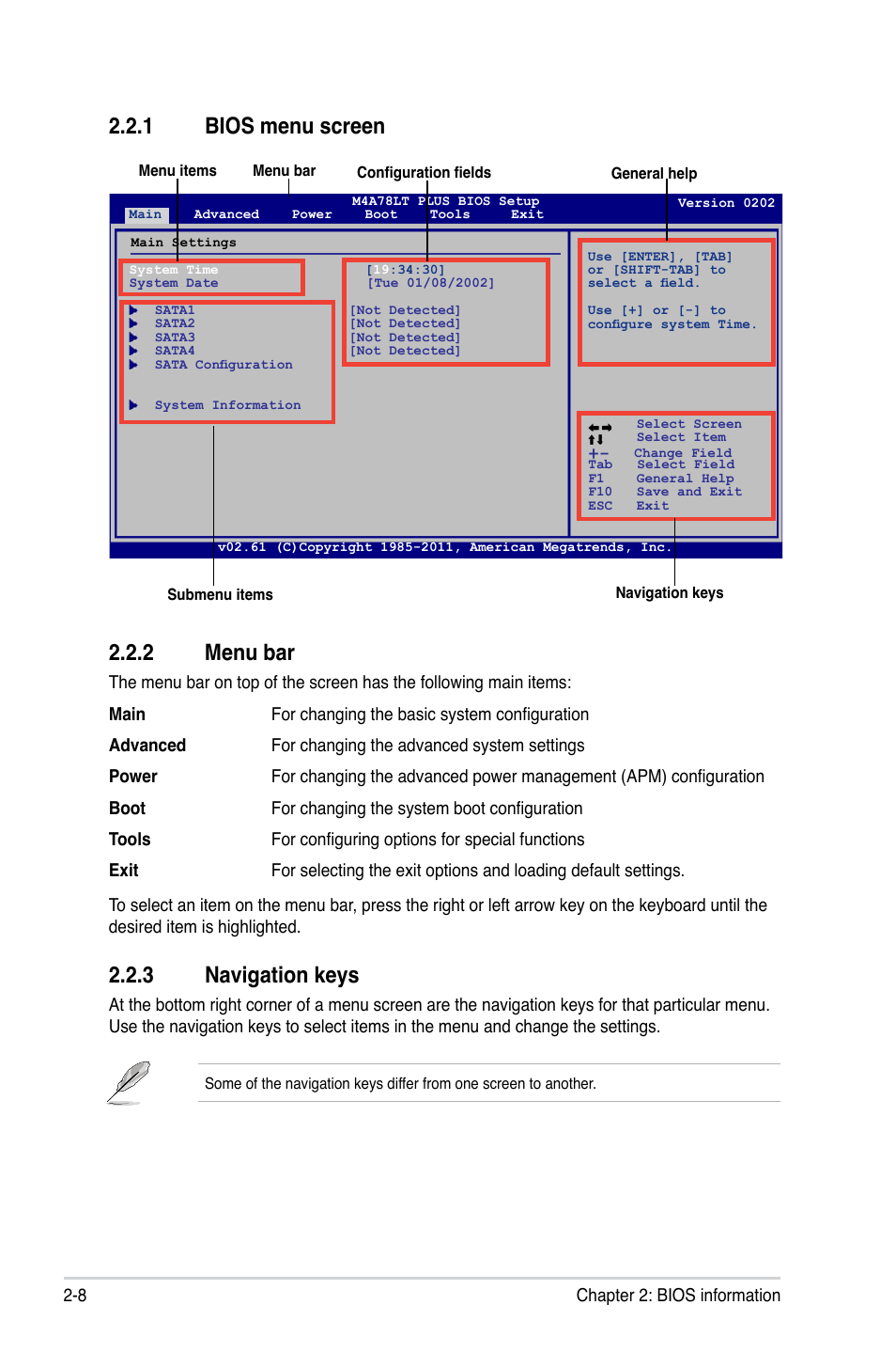 1 bios menu screen, 2 menu bar, 3 navigation keys | Bios menu screen -8, Menu bar -8, Navigation keys -8, 1 bios menu screen 2.2.2 menu bar | Asus M4A78LT PLUS User Manual | Page 40 / 56