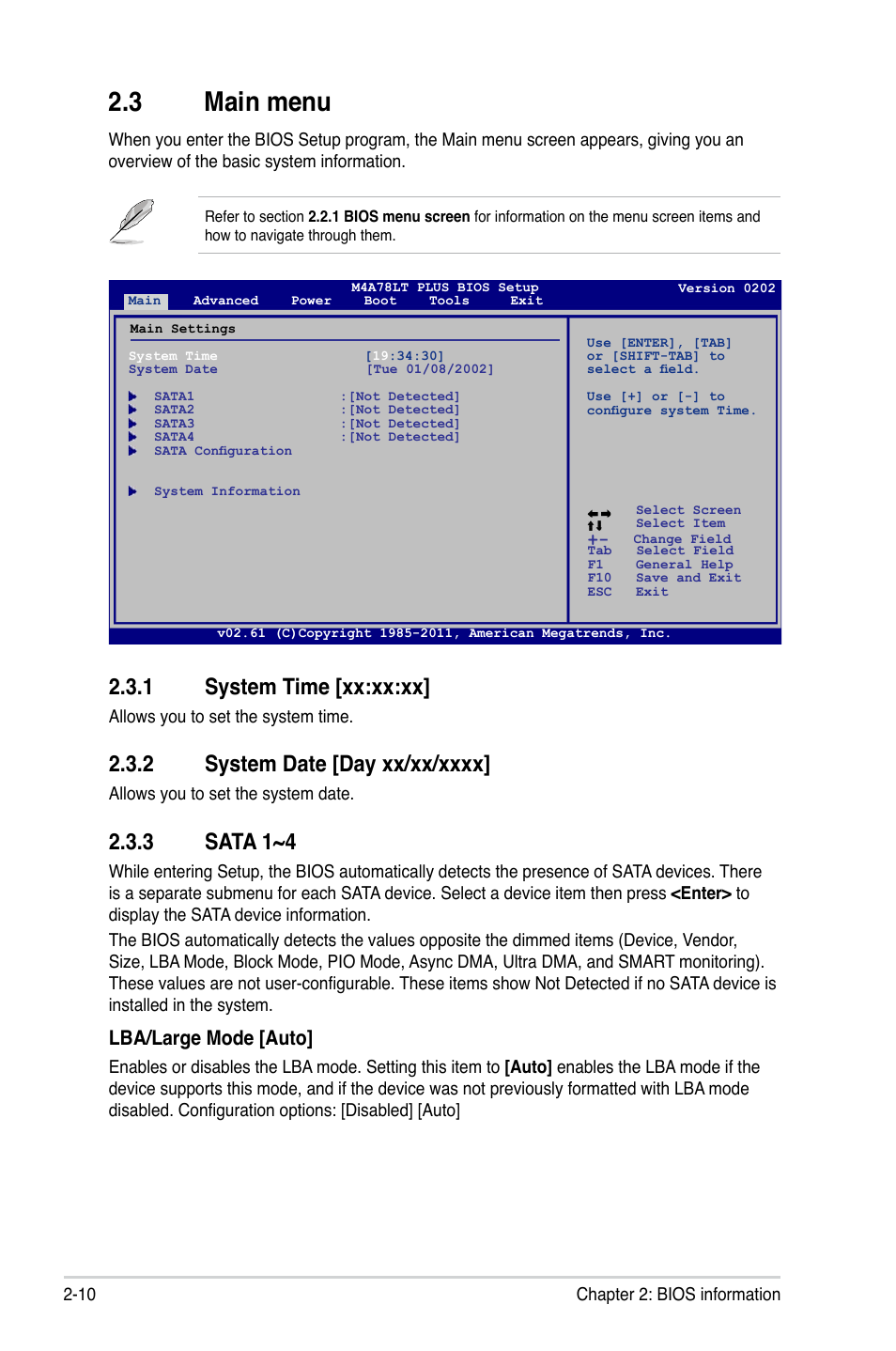 3 main menu, 1 system time [xx:xx:xx, 2 system date [day xx/xx/xxxx | 3 sata 1~4, Main menu -10 2.3.1, System time [xx:xx:xx] -10, System date [day xx/xx/xxxx] -10, Sata 1~4 -10, Lba/large mode [auto | Asus M4A78LT PLUS User Manual | Page 42 / 56