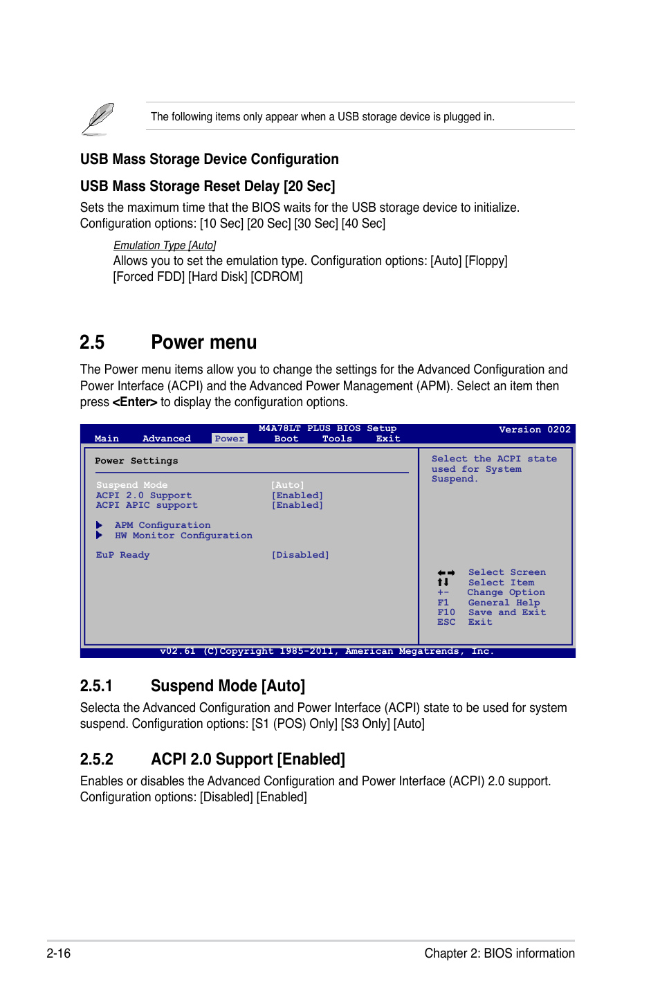 5 power menu, 1 suspend mode [auto, 2 acpi 2.0 support [enabled | Power menu -16 2.5.1, Suspend mode [auto] -16, Acpi 2.0 support [enabled] -16 | Asus M4A78LT PLUS User Manual | Page 48 / 56