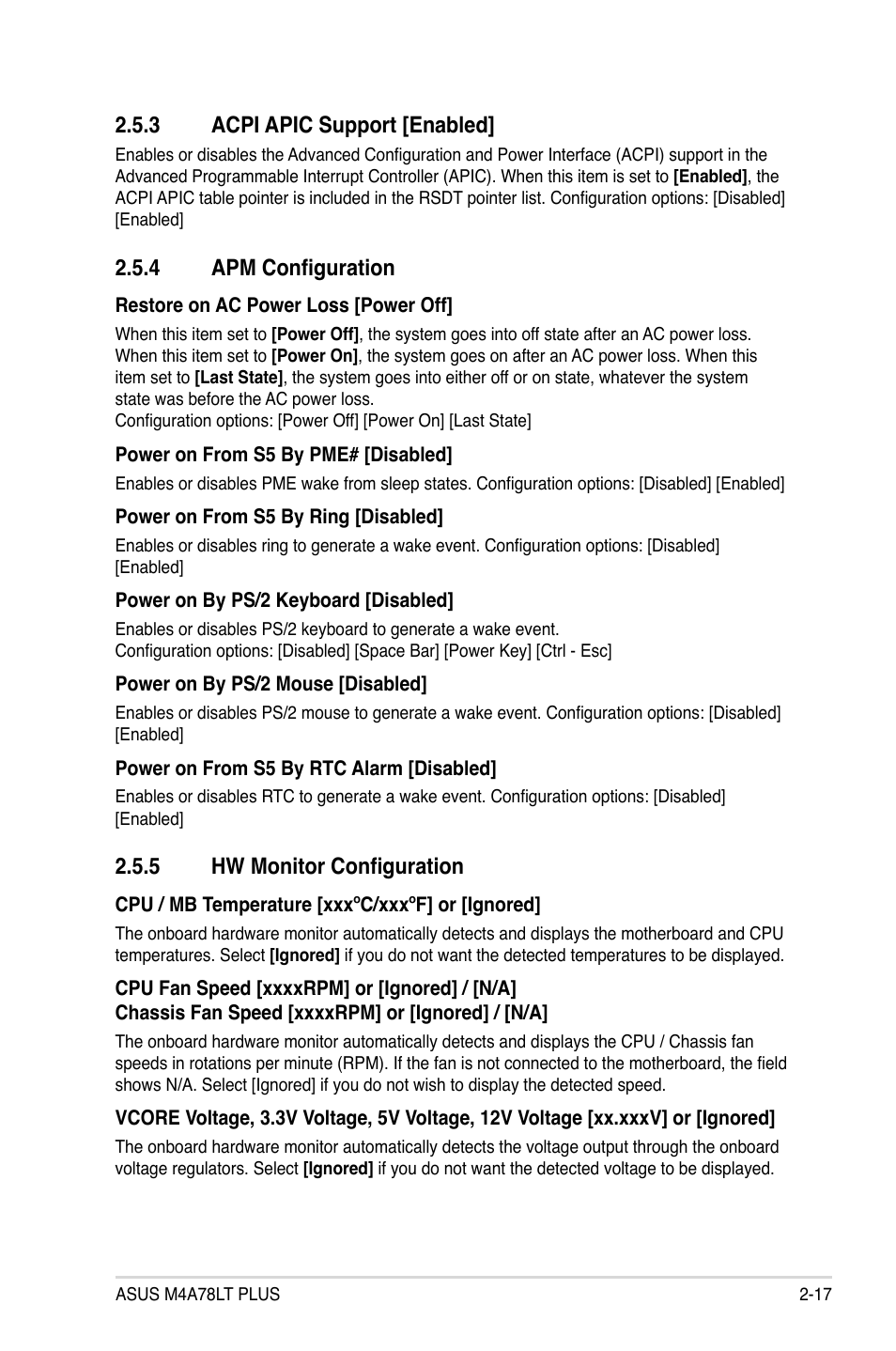 3 acpi apic support [enabled, 4 apm configuration, 5 hw monitor configuration | Acpi apic support [enabled] -17, Apm configuration -17, Hw monitor configuration -17 | Asus M4A78LT PLUS User Manual | Page 49 / 56