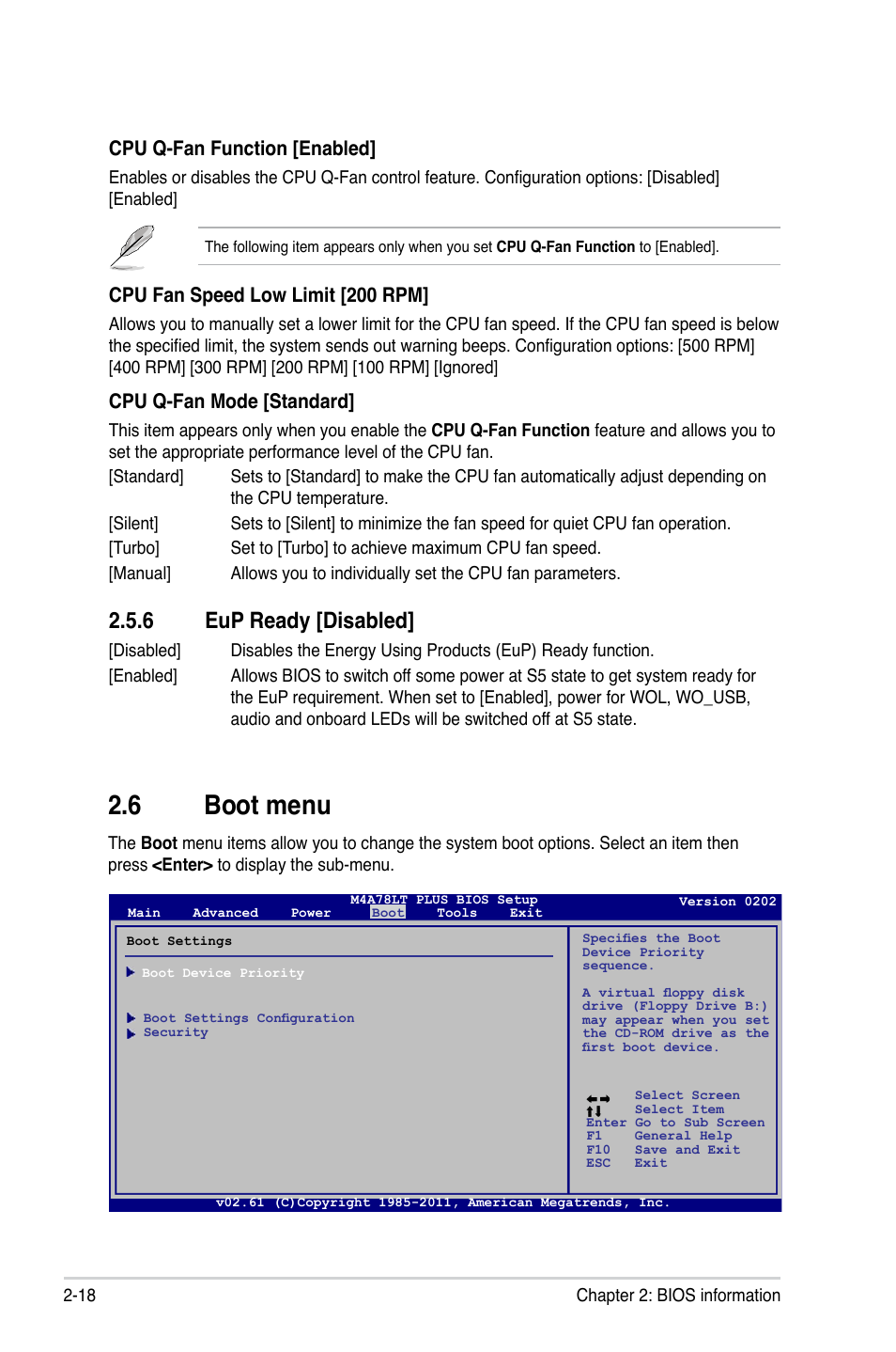 6 eup ready [disabled, 6 boot menu, Eup ready [disabled] -18 | Boot menu -18, Cpu fan speed low limit [200 rpm, Cpu q-fan mode [standard, Cpu q-fan function [enabled | Asus M4A78LT PLUS User Manual | Page 50 / 56