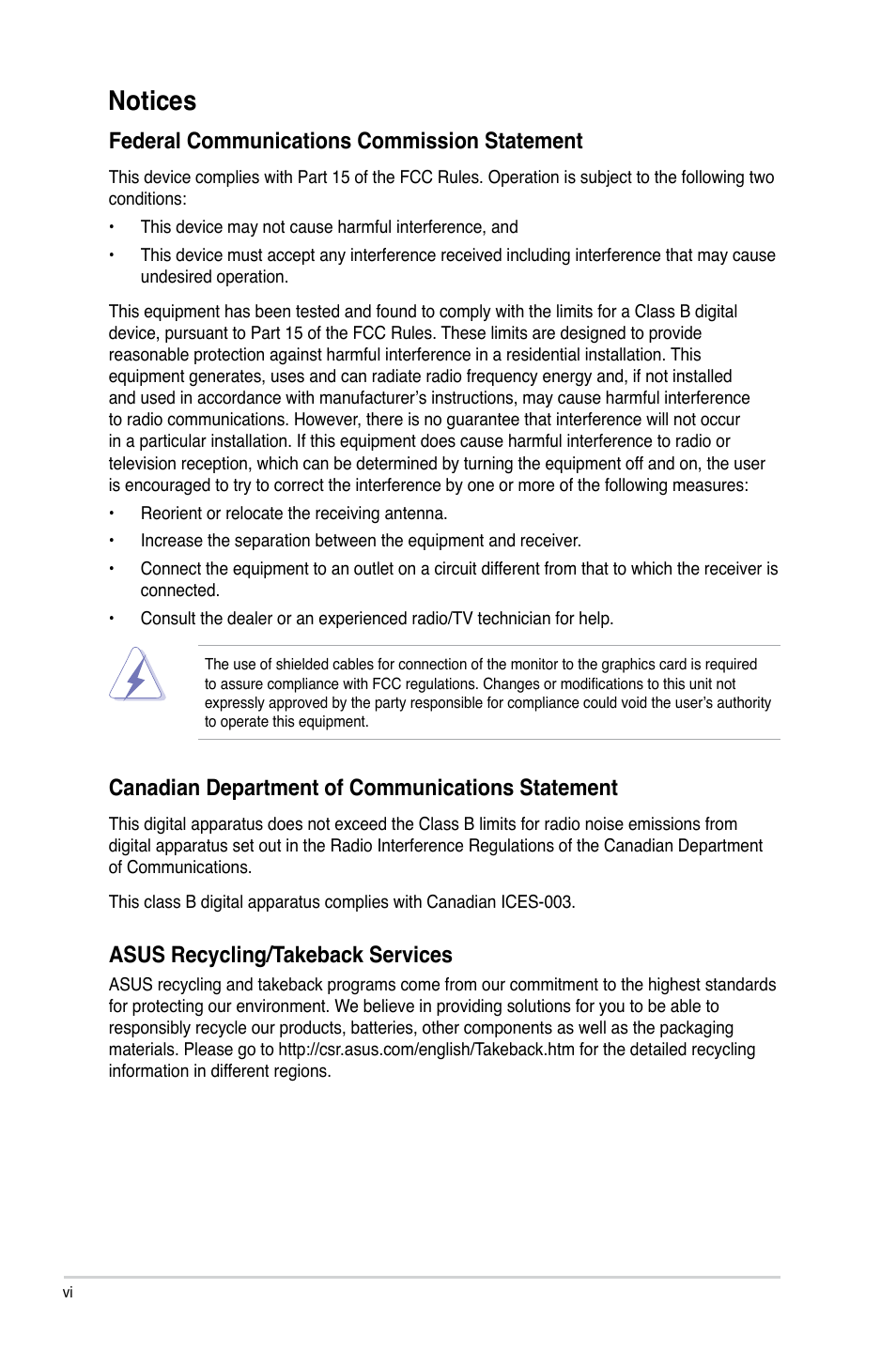 Notices, Federal communications commission statement, Canadian department of communications statement | Asus recycling/takeback services | Asus M4A78LT PLUS User Manual | Page 6 / 56