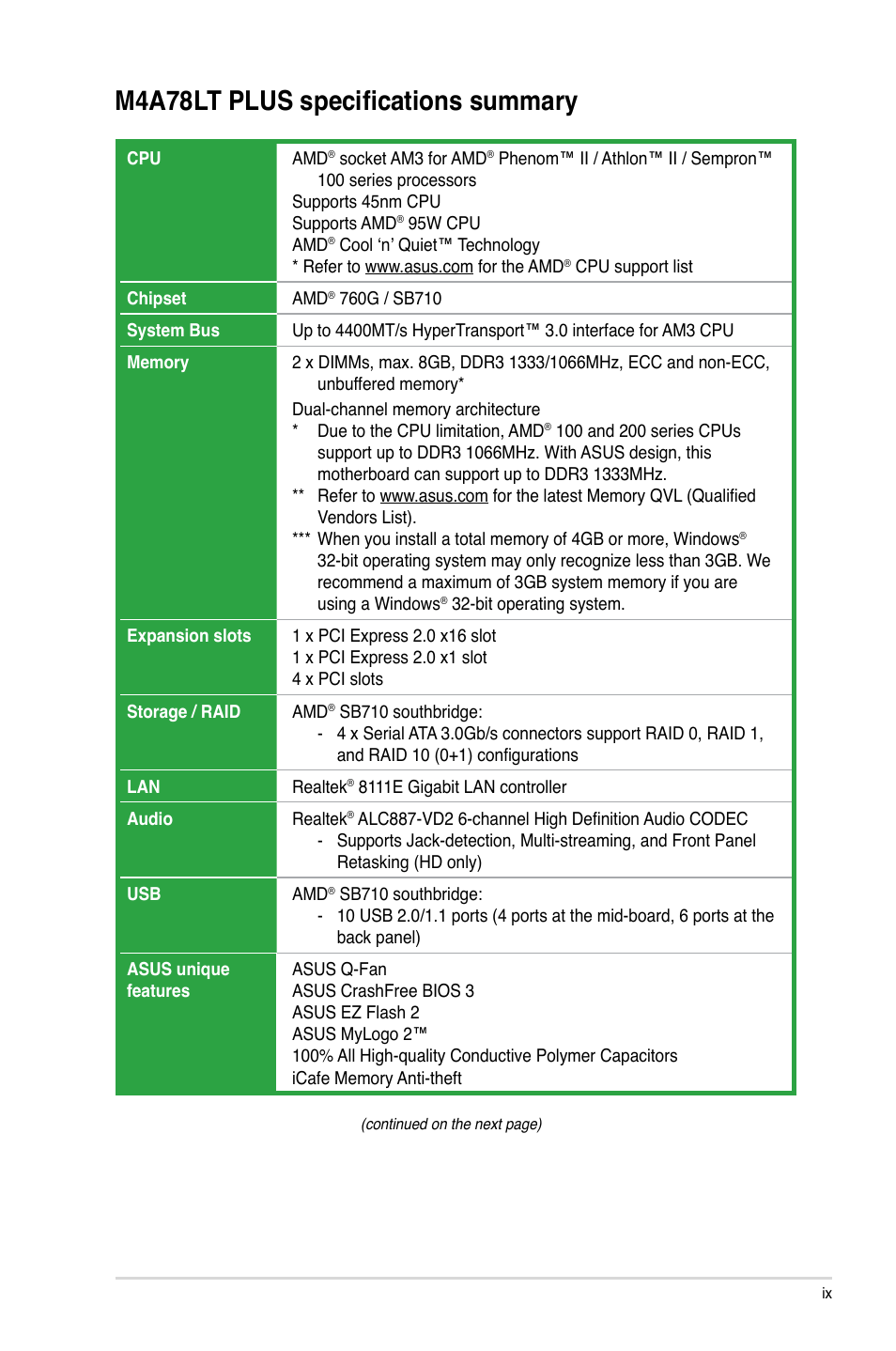 M4a78lt plus specifications summary | Asus M4A78LT PLUS User Manual | Page 9 / 56