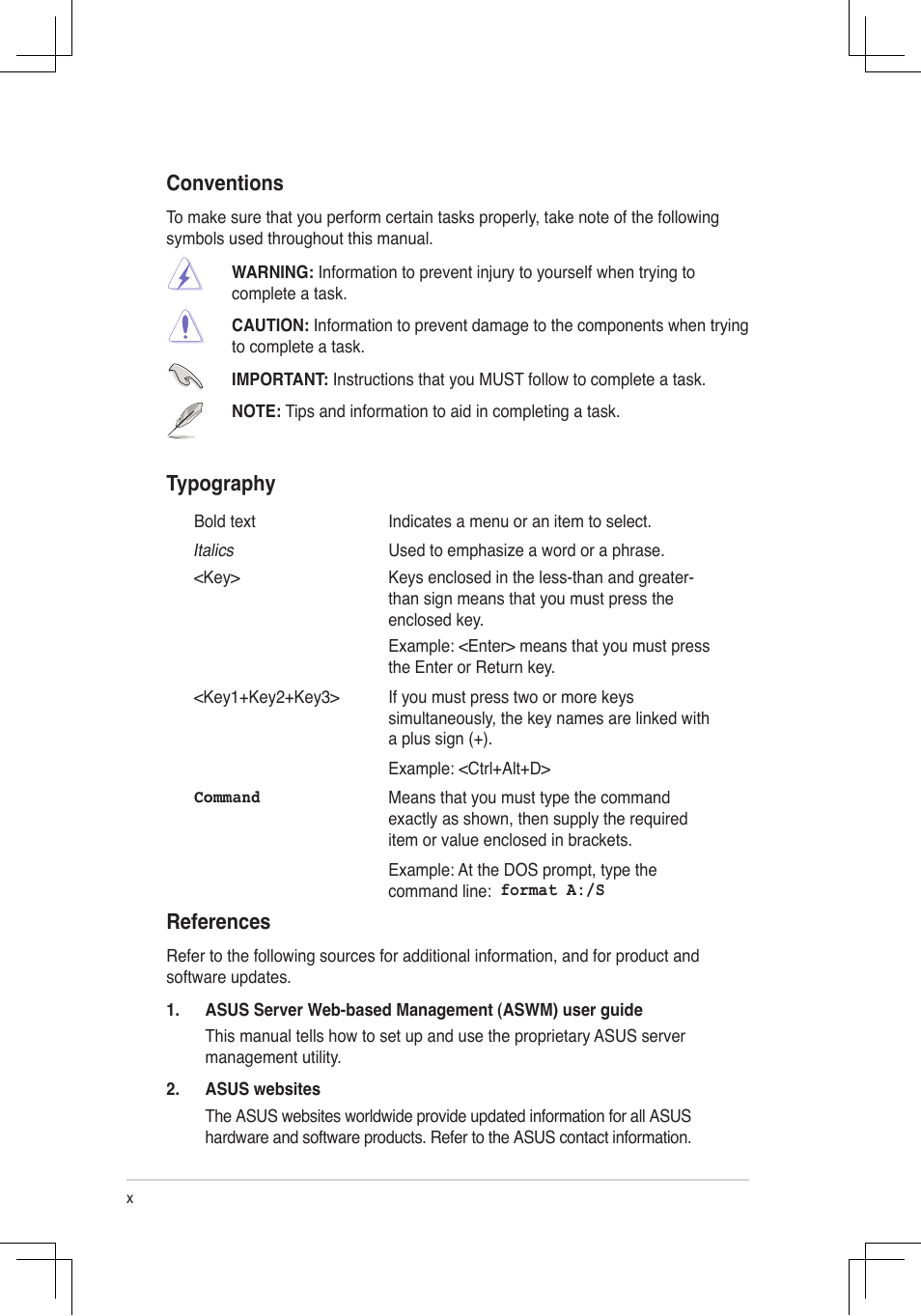 References, Conventions, Typography | Asus RS160-E4/PA4 User Manual | Page 10 / 186