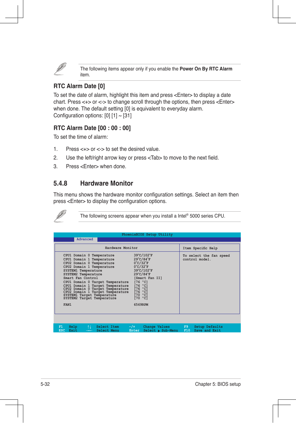 Hardware.monitor, Rtc.alarm.date.[0, 5000 series cpu | Asus RS160-E4/PA4 User Manual | Page 102 / 186