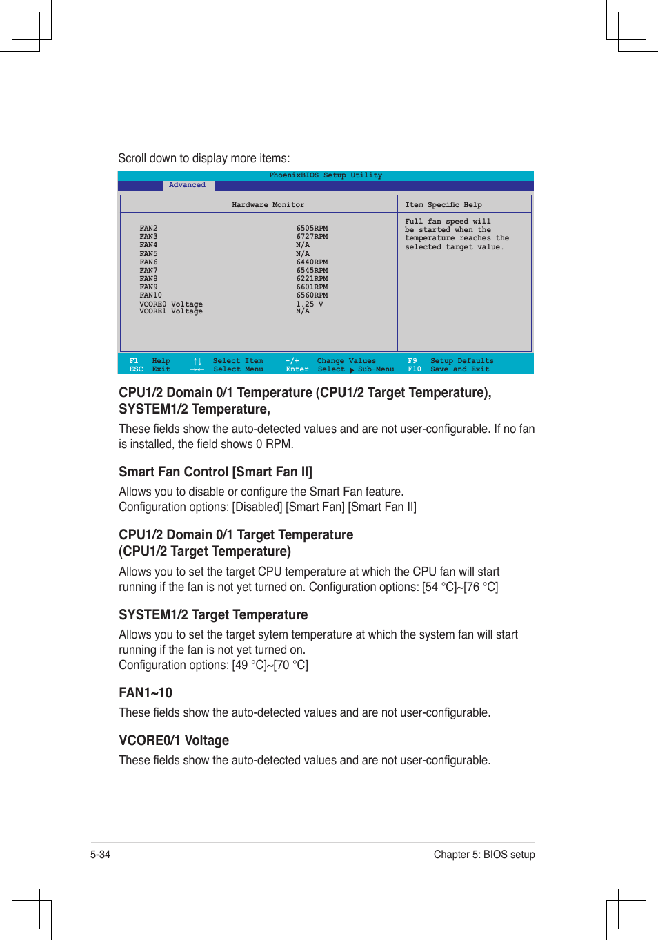 Smart.fan.control.[smart.fan.ii, System1/2.target.temperature, Fan1~10 | Vcore0/1.voltage, Scroll down to display more items | Asus RS160-E4/PA4 User Manual | Page 104 / 186