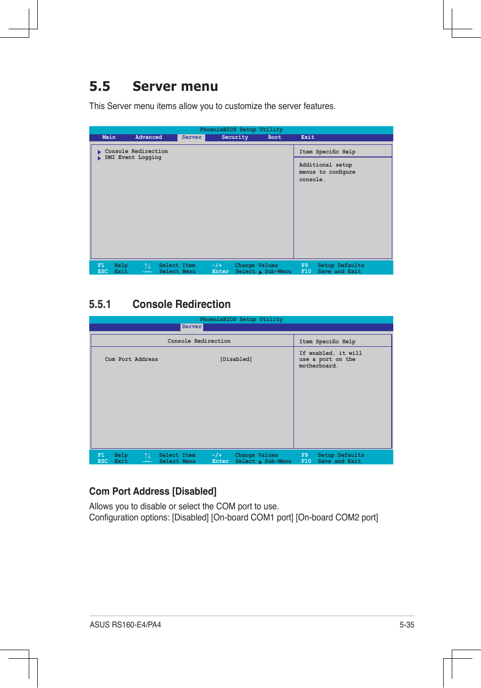 5 server menu, Console.redirection, Com.port.address.[disabled | Asus RS160-E4/PA4 User Manual | Page 105 / 186