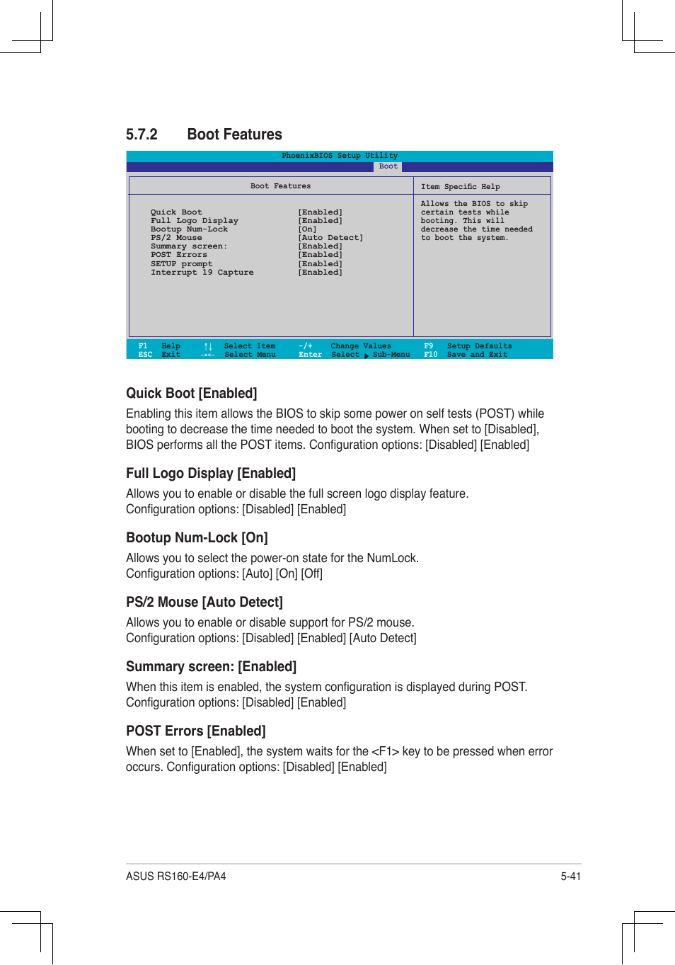 Boot.features, Quick.boot.[enabled, Full.logo.display.[enabled | Bootup.num-lock.[on, Ps/2.mouse.[auto.detect, Summary.screen:.[enabled, Post.errors.[enabled | Asus RS160-E4/PA4 User Manual | Page 111 / 186