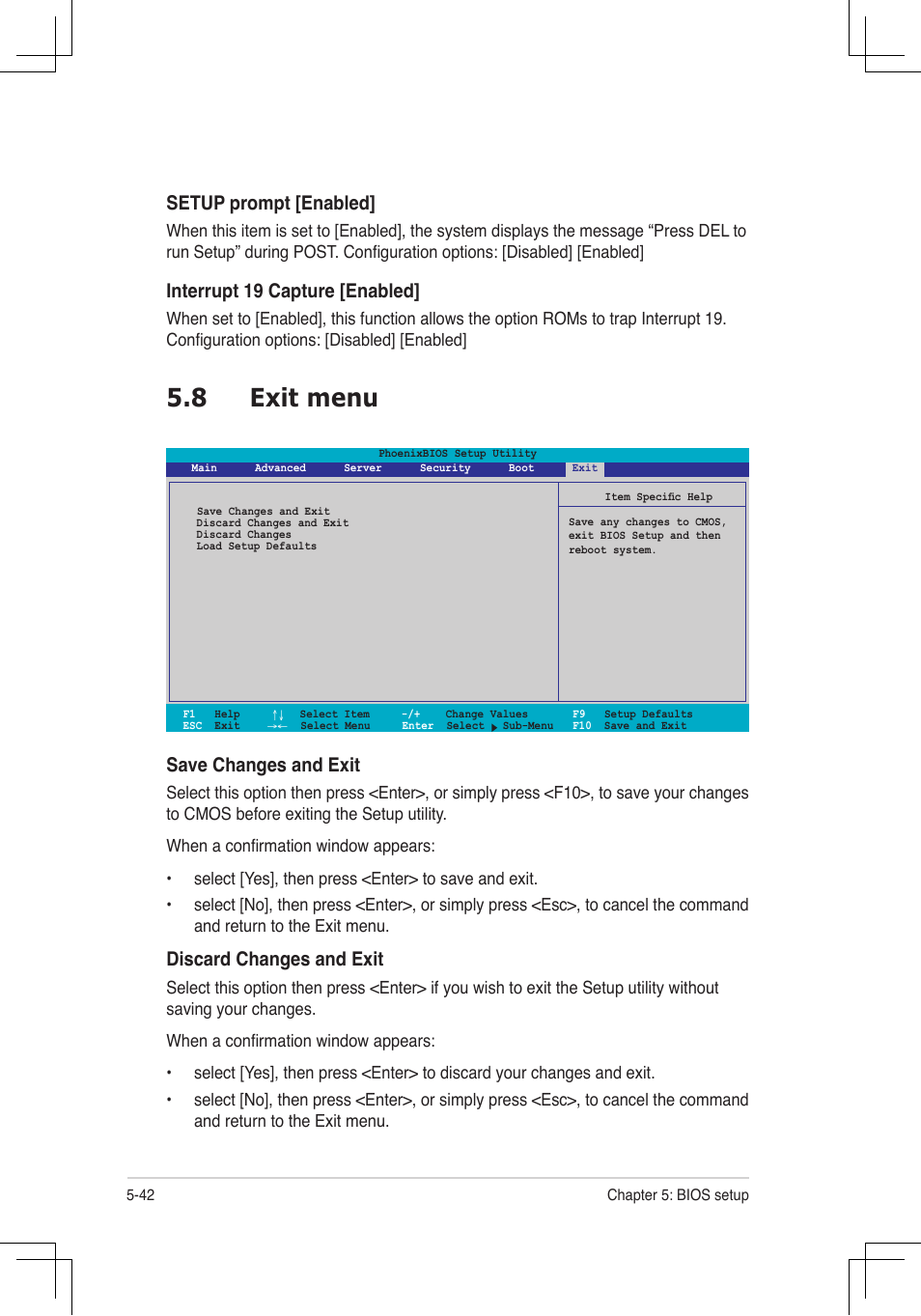 8 exit menu, Setup.prompt.[enabled, Interrupt.19.capture.[enabled | Save.changes.and.exit, Discard.changes.and.exit | Asus RS160-E4/PA4 User Manual | Page 112 / 186