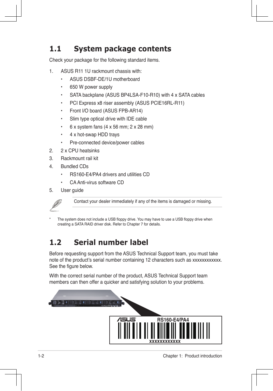 1 system package contents, 2 serial number label | Asus RS160-E4/PA4 User Manual | Page 12 / 186