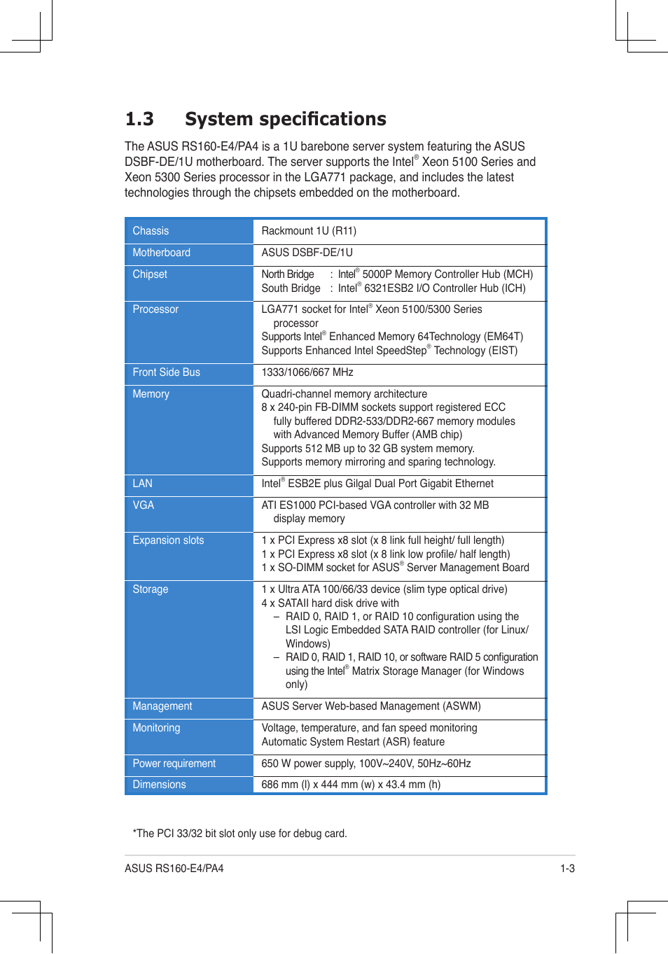 3 system specifications | Asus RS160-E4/PA4 User Manual | Page 13 / 186