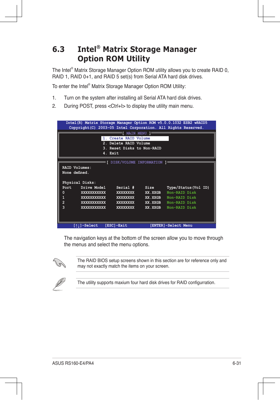 3 intel, Matrix storage manager option rom utility | Asus RS160-E4/PA4 User Manual | Page 145 / 186