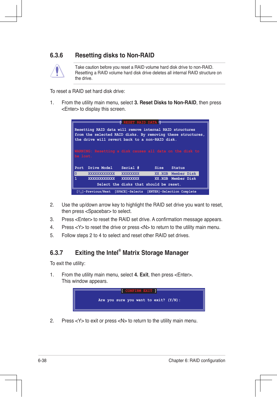 Exiting.the.intel, Matrix.storage.manager, Resetting.disks.to.non-raid | Asus RS160-E4/PA4 User Manual | Page 152 / 186