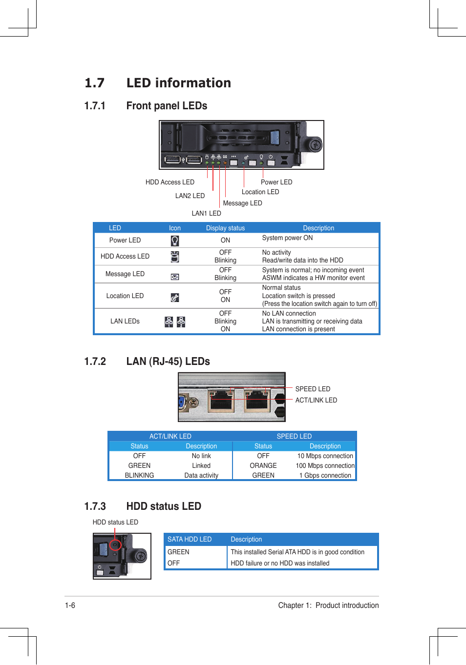 7 led information, Hdd.status.led | Asus RS160-E4/PA4 User Manual | Page 16 / 186