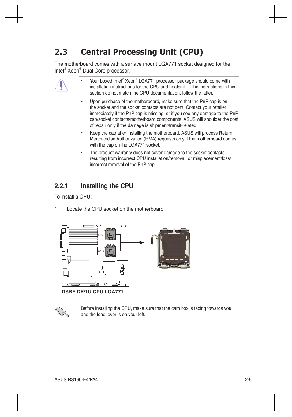 3 central processing unit (cpu), Installing.the.cpu | Asus RS160-E4/PA4 User Manual | Page 21 / 186