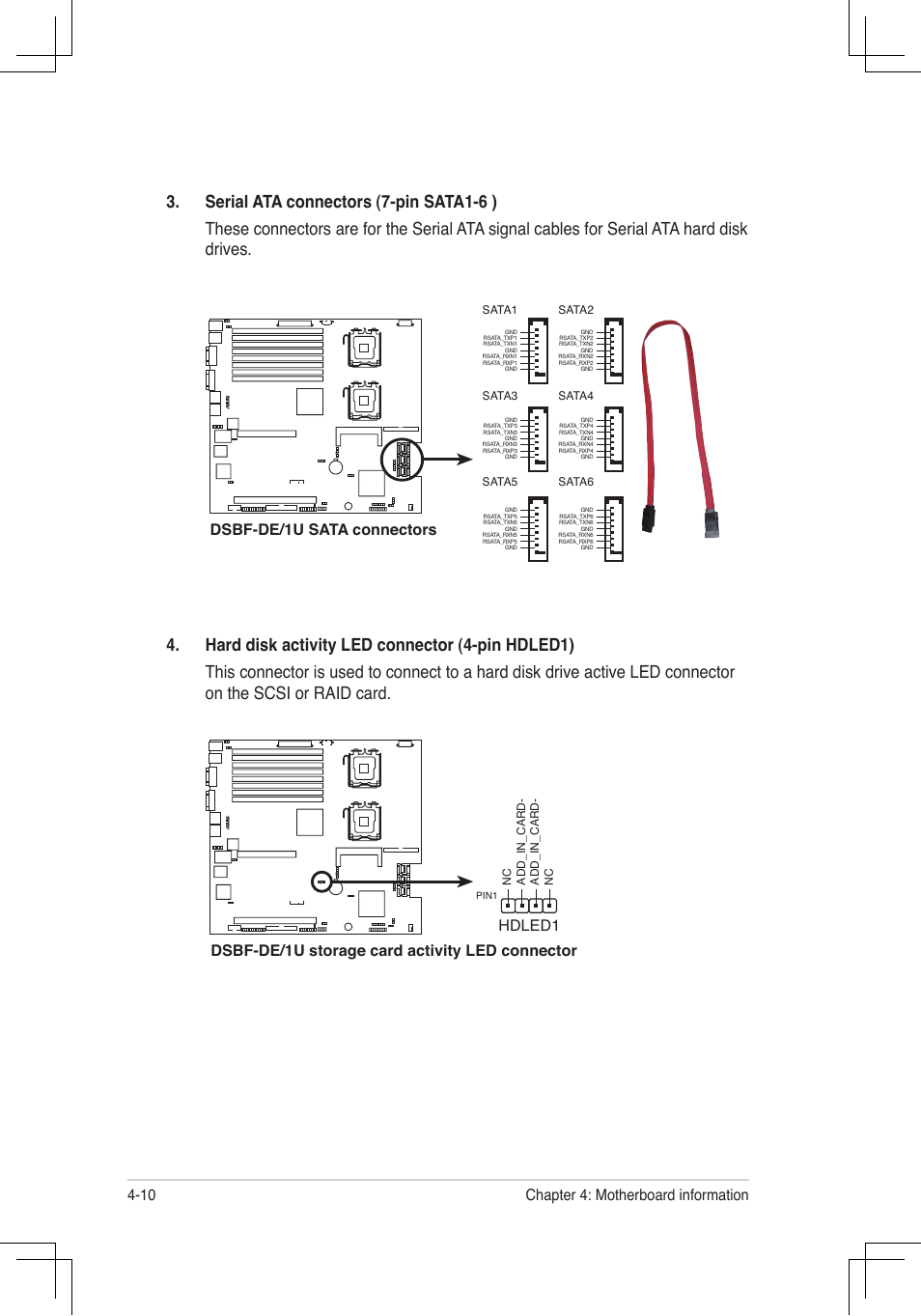 Chapter 4: motherboard information 4-10, Dsbf-de/1u sata connectors | Asus RS160-E4/PA4 User Manual | Page 62 / 186