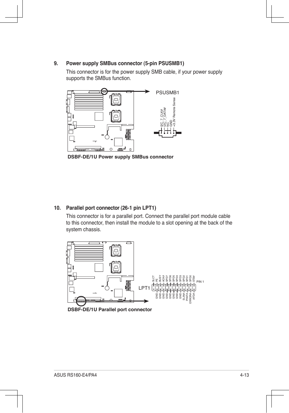 Dsbf-de/1u power supply smbus connector psusmb1, Dsbf-de/1u parallel port connector lpt1 | Asus RS160-E4/PA4 User Manual | Page 65 / 186