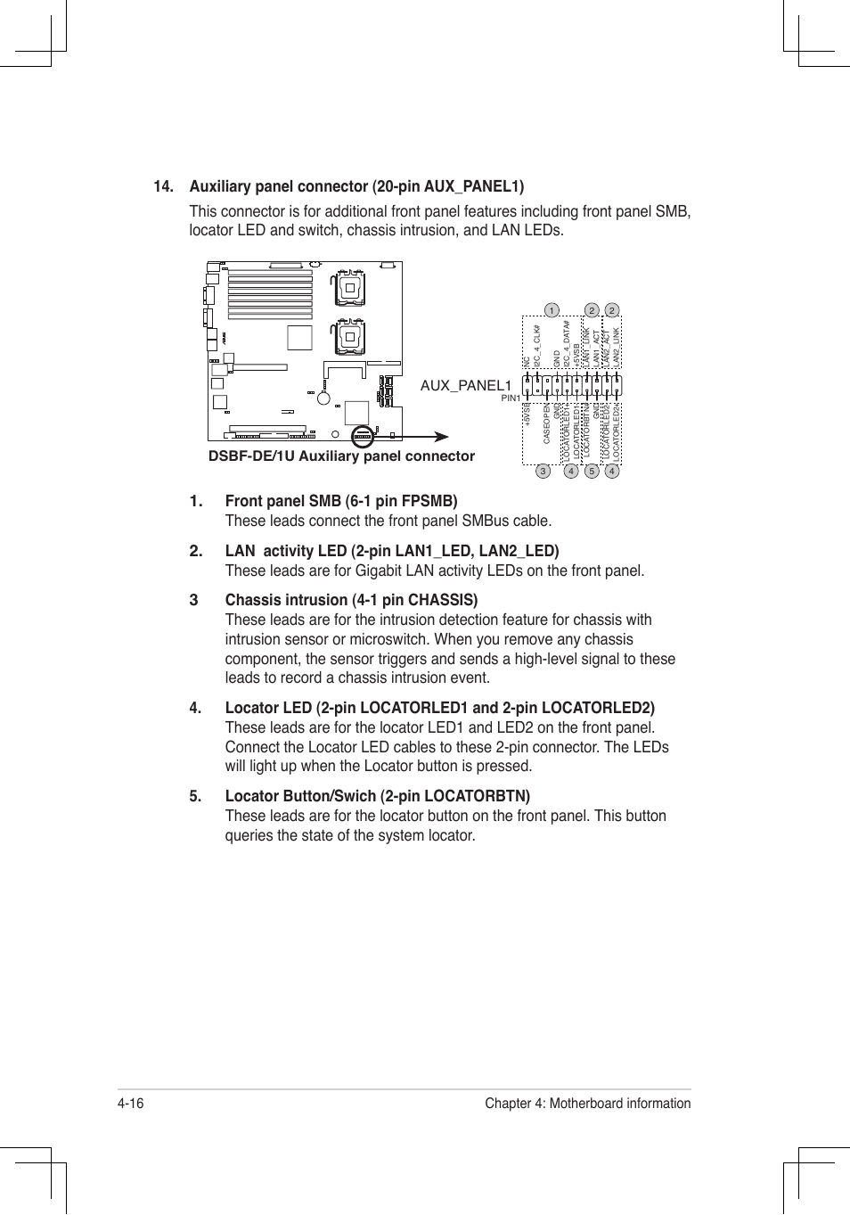 Chapter 4: motherboard information 4-16, Dsbf-de/1u auxiliary panel connector aux_panel1 | Asus RS160-E4/PA4 User Manual | Page 68 / 186