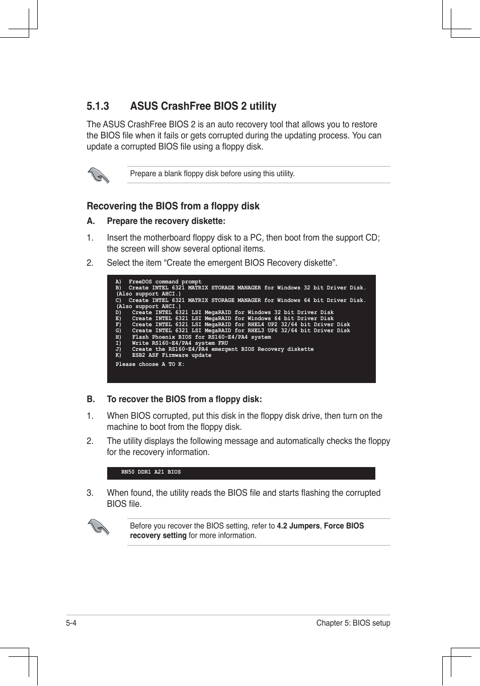 Asus.crashfree.bios.2.utility, Recovering the bios from a floppy disk | Asus RS160-E4/PA4 User Manual | Page 74 / 186