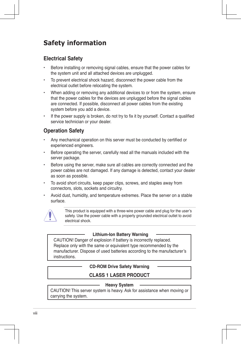 Safety information, Electrical.safety, Operation.safety | Asus RS160-E4/PA4 User Manual | Page 8 / 186