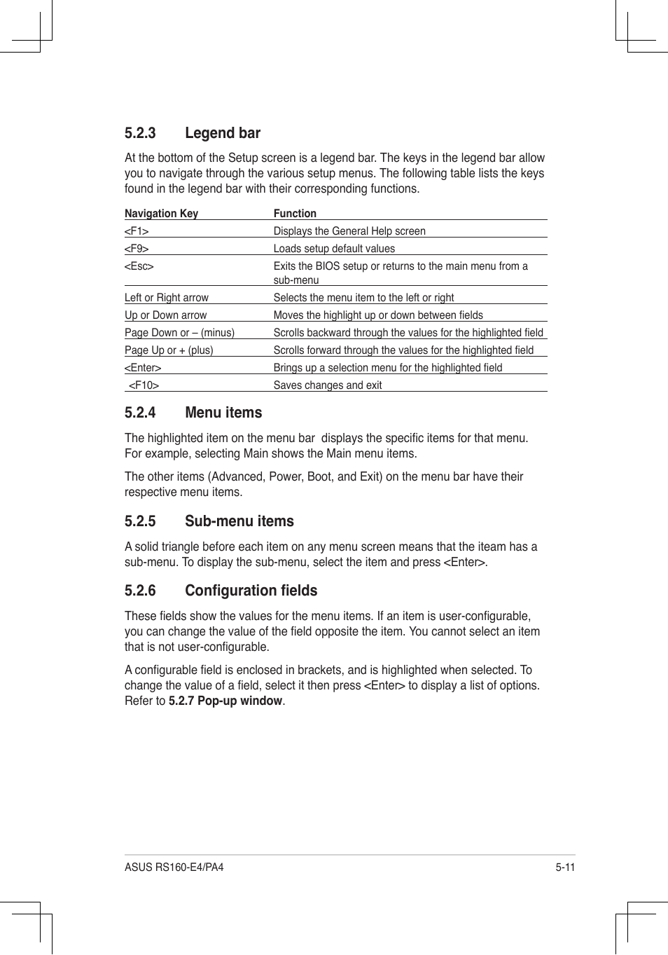 Menu.items, Sub-menu.items, 6 configuration fields | Legend.bar | Asus RS160-E4/PA4 User Manual | Page 81 / 186