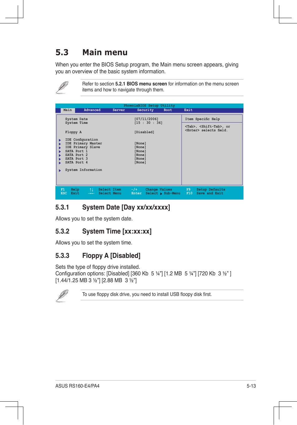 3 main menu, System.time.[xx:xx:xx, Floppy.a.[disabled | Allows you to set the system date, Allows you to set the system time | Asus RS160-E4/PA4 User Manual | Page 83 / 186