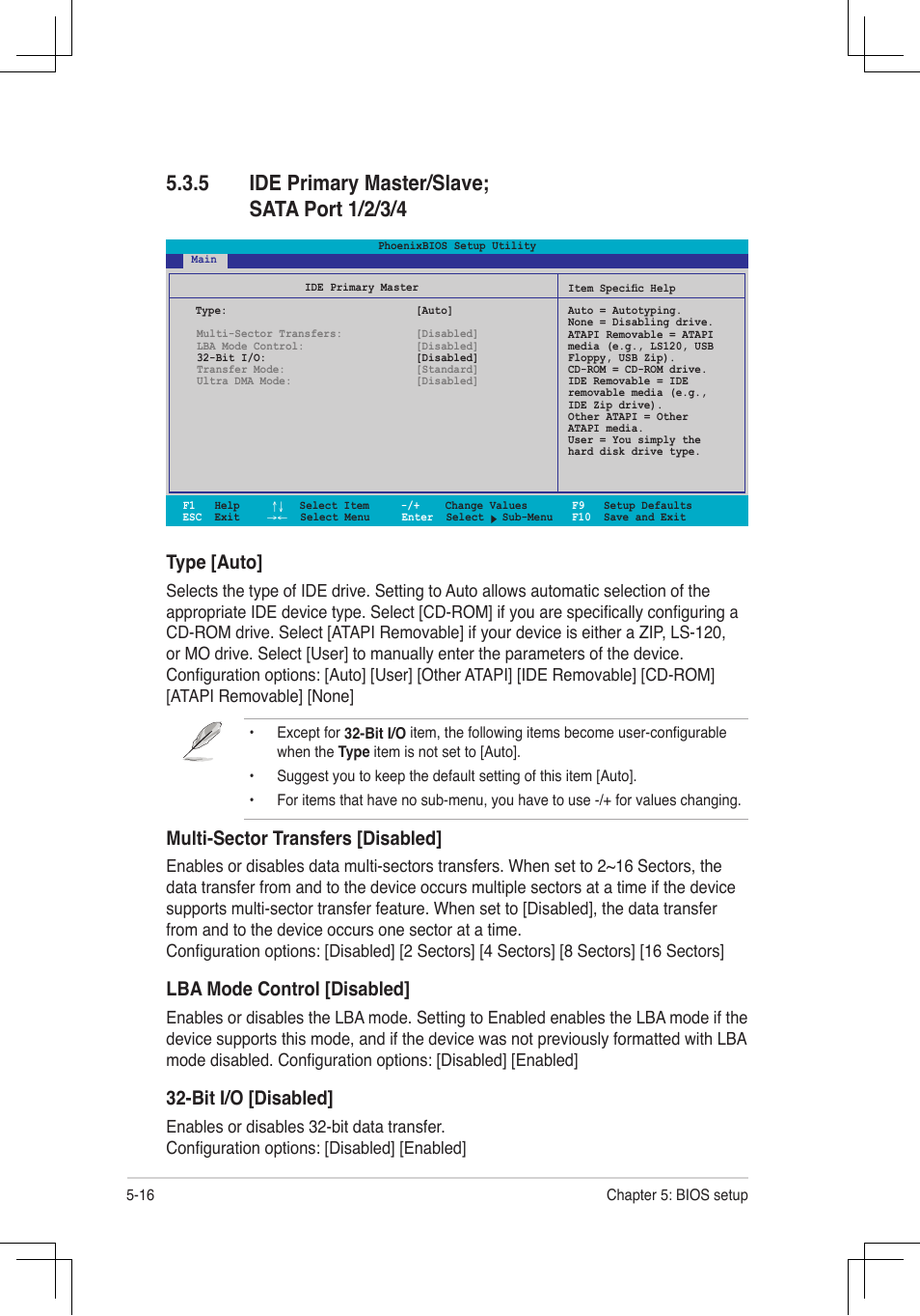 Ide.primary.master/slave;.. . sata.port.1/2/3/4, Type.[auto, Multi-sector.transfers.[disabled | Lba.mode.control.[disabled, Bit.i/o.[disabled | Asus RS160-E4/PA4 User Manual | Page 86 / 186