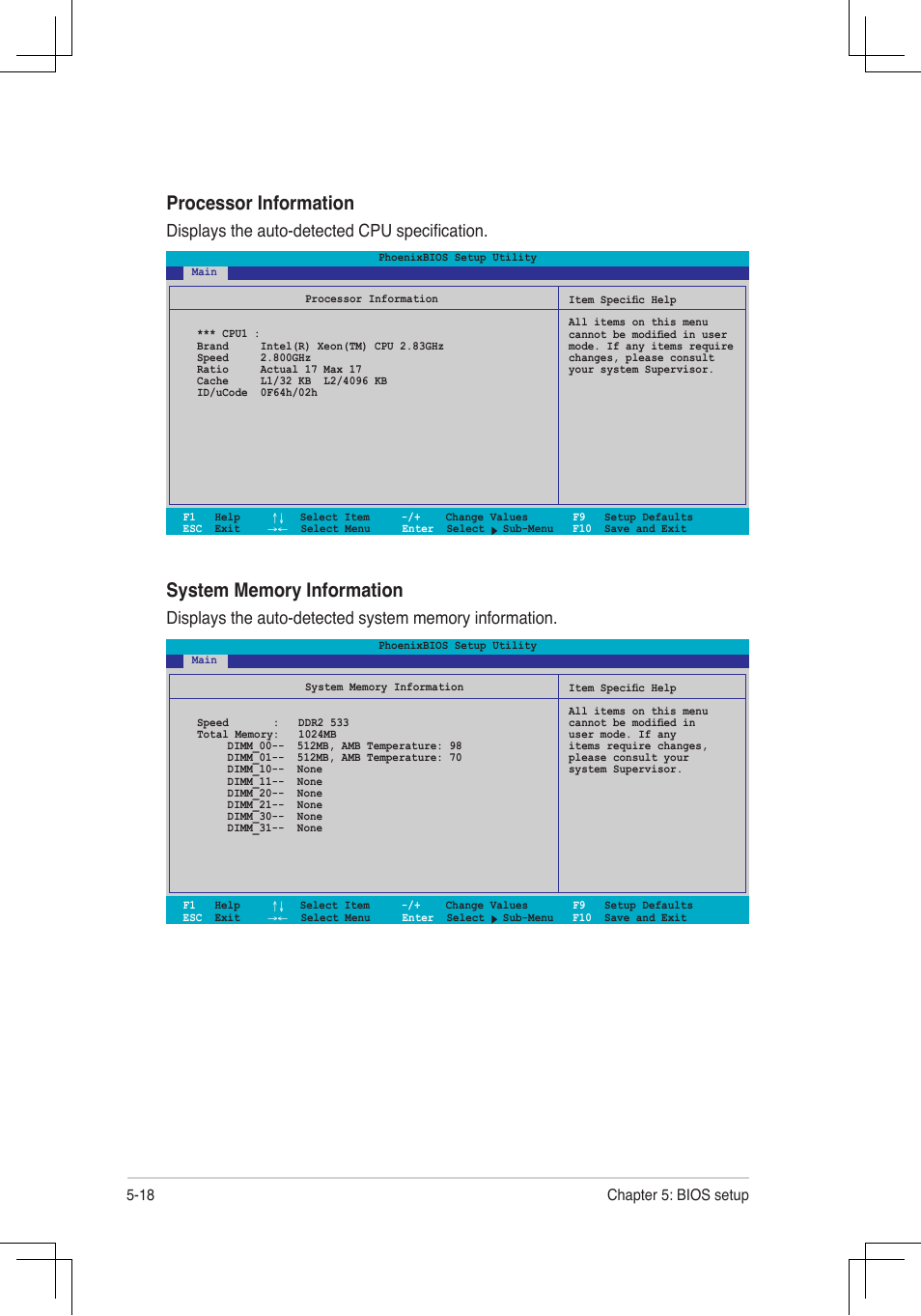 Processor.information, Displays the auto-detected cpu specification, 18 chapter 5: bios setup | Asus RS160-E4/PA4 User Manual | Page 88 / 186