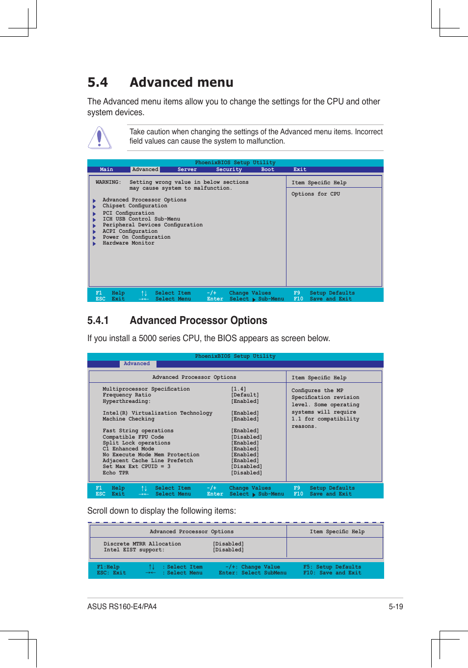 4 advanced menu, Advanced.processor.options, Scroll down to display the following items | Asus RS160-E4/PA4 User Manual | Page 89 / 186