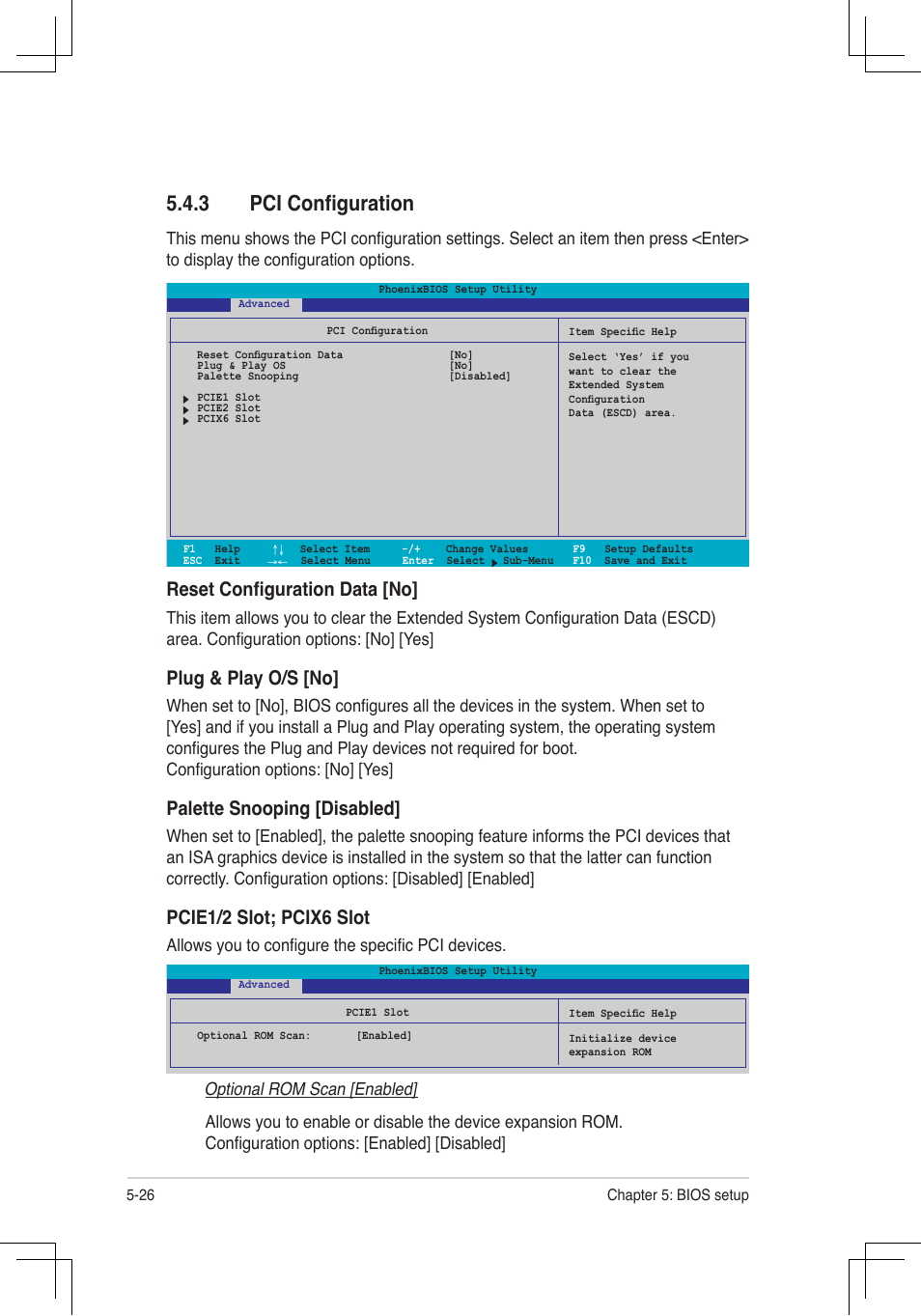 3 pci configuration, Reset configuration data [no, Plug.&.play.o/s.[no | Palette.snooping.[disabled, Pcie1/2.slot;.pcix6.slot, Allows you to configure the specific pci devices | Asus RS160-E4/PA4 User Manual | Page 96 / 186