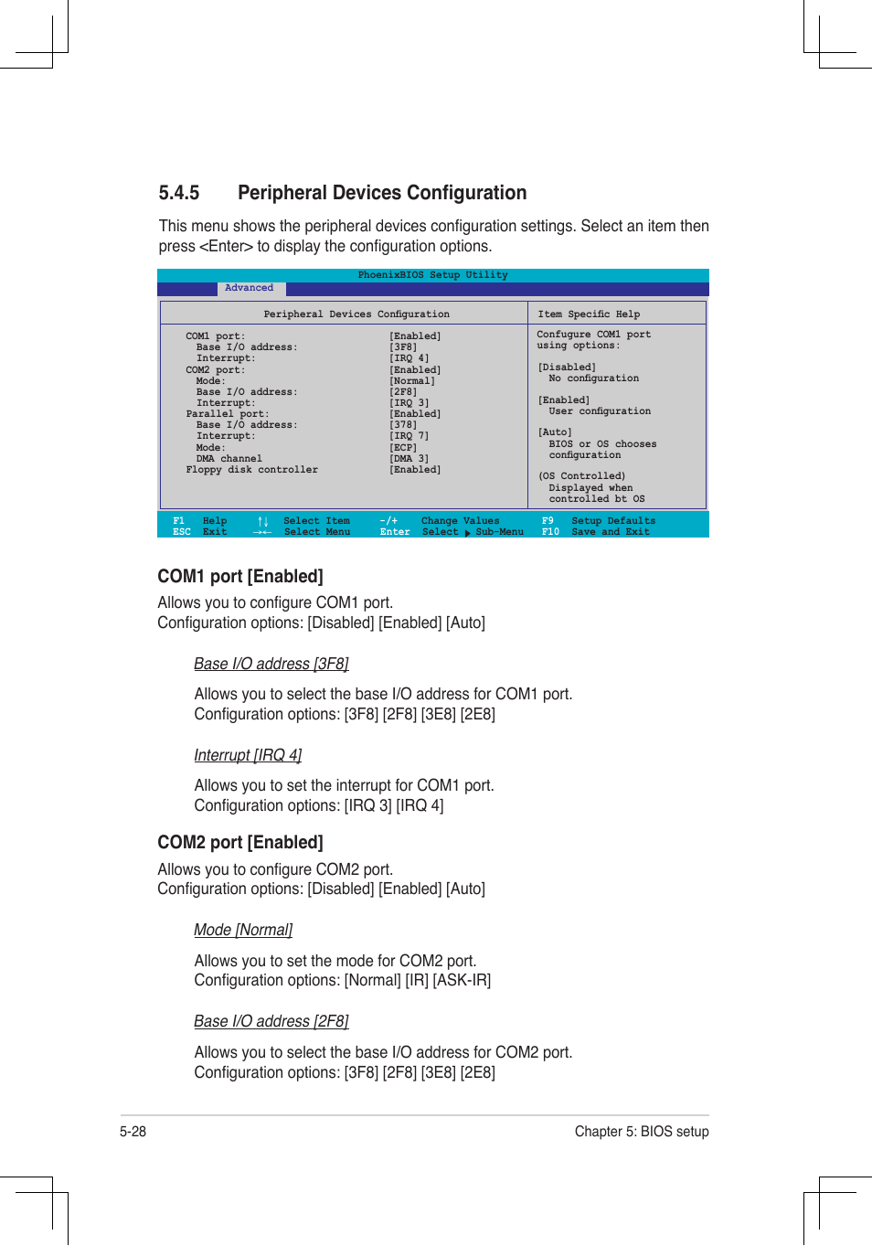 5 peripheral devices configuration, Com1.port.[enabled, Com2.port.[enabled | Asus RS160-E4/PA4 User Manual | Page 98 / 186