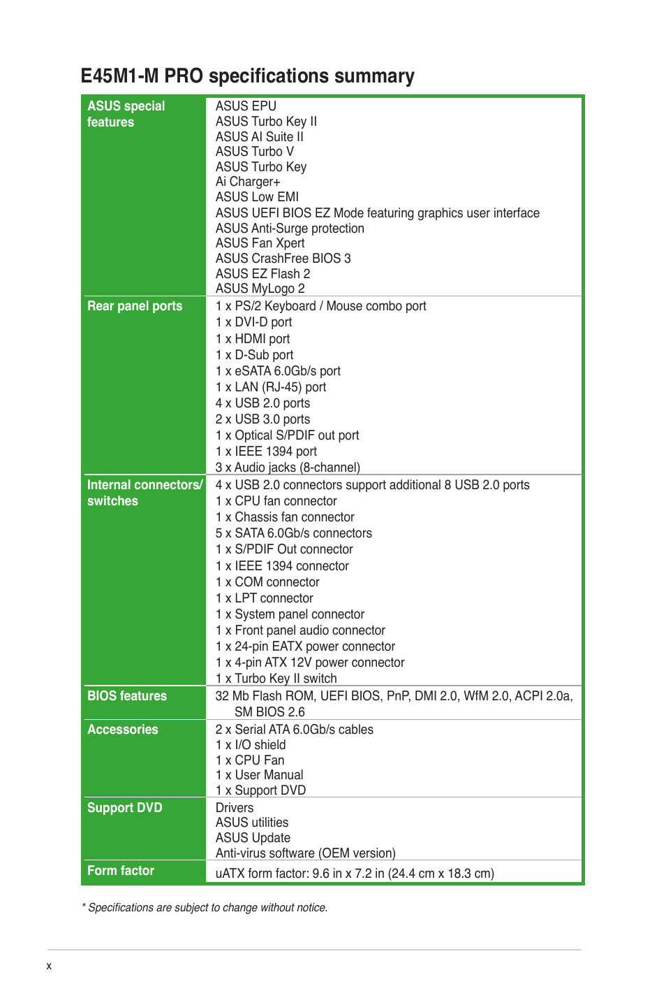 E45m1-m pro specifications summary | Asus E45M1-M PRO User Manual | Page 10 / 62