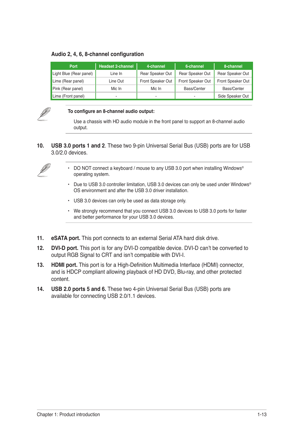 Audio 2, 4, 6, 8-channel configuration | Asus E45M1-M PRO User Manual | Page 23 / 62