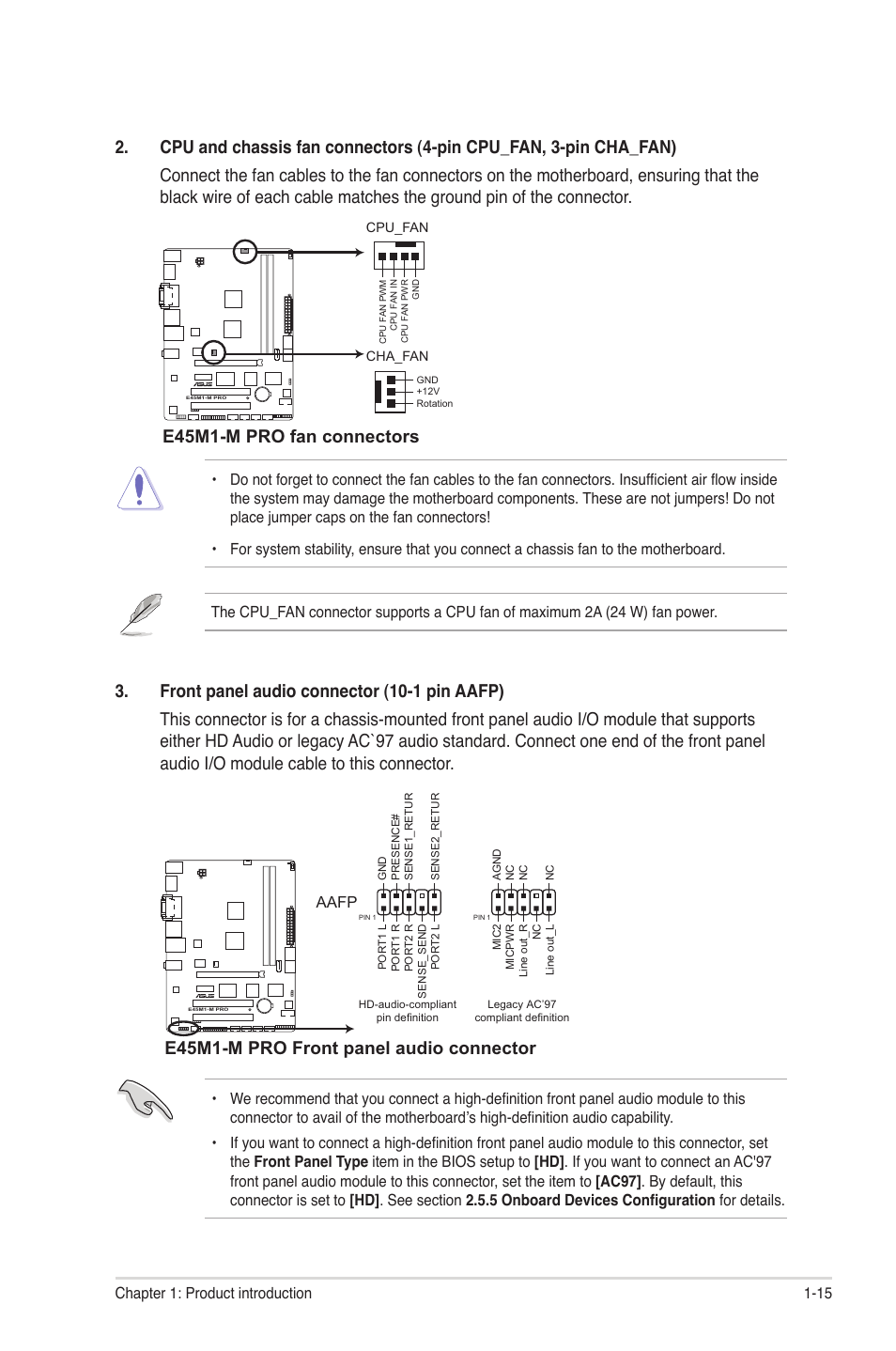 E45m1-m pro fan connectors, E45m1-m pro front panel audio connector, Aafp | Asus E45M1-M PRO User Manual | Page 25 / 62