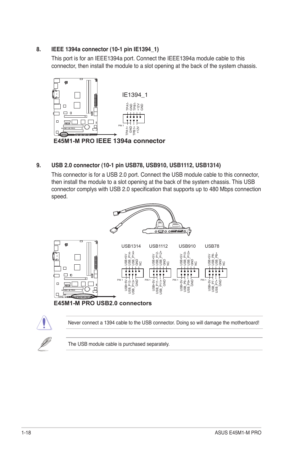 Ieee 1394a connector, E45m1-m pro | Asus E45M1-M PRO User Manual | Page 28 / 62