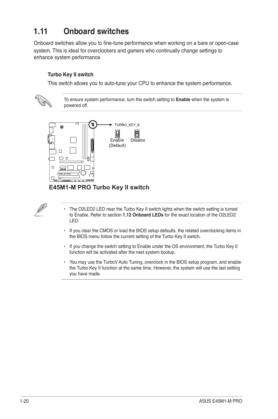11 onboard switches, 11 onboard switches -20, E45m1-m pro turbo key ii switch | Asus E45M1-M PRO User Manual | Page 30 / 62