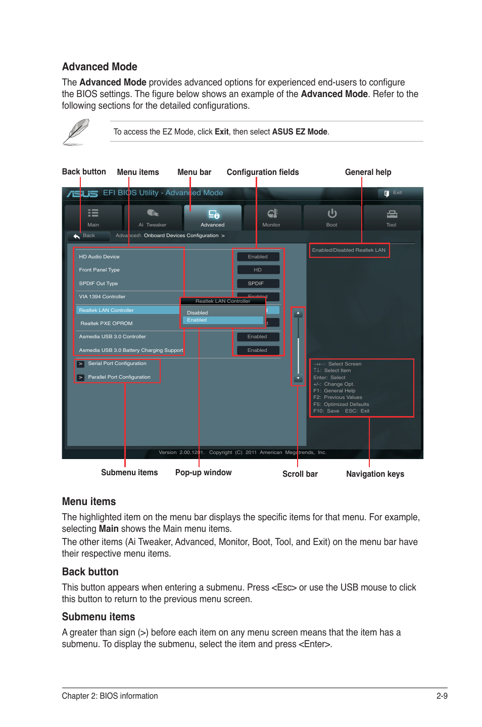 Advanced mode, Menu items, Back button | Submenu items, Chapter 2: bios information 2-9, Navigation keys | Asus E45M1-M PRO User Manual | Page 41 / 62