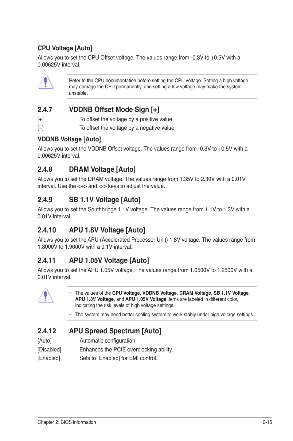 7 vddnb offset mode sign, 8 dram voltage [auto, 9 sb 1.1v voltage [auto | 10 apu 1.8v voltage [auto, 11 apu 1.05v voltage [auto, 12 apu spread spectrum [auto, Vddnb offset mode sign [+] -15, Dram voltage [auto] -15, Sb 1.1v voltage [auto] -15 | Asus E45M1-M PRO User Manual | Page 47 / 62